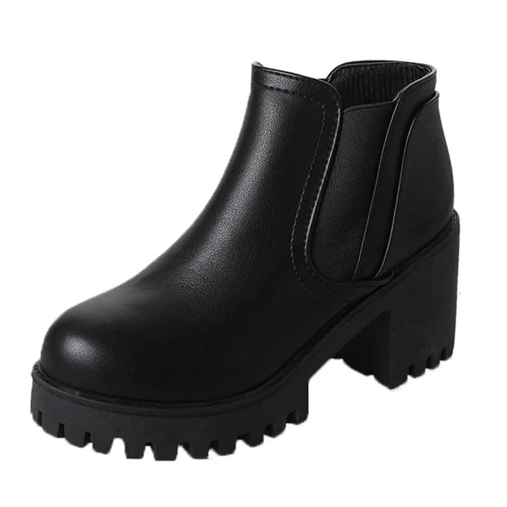 

2019 Women's Short Boots Solid Leather Combat Ankle Combat Boots With Studded Low Block Shoes Leisure Basic Boots Female Botas