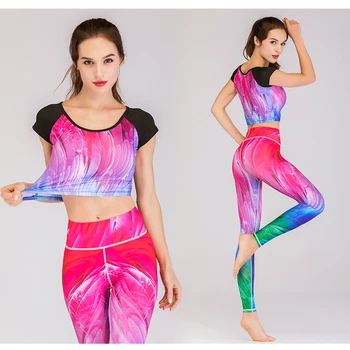 

S-XL Print Yoga Set Women Gym Clothes T-shirt Leggings Workout Elastic Slim Tracksuit Fitness Female Sport Suit Gym Sportswear