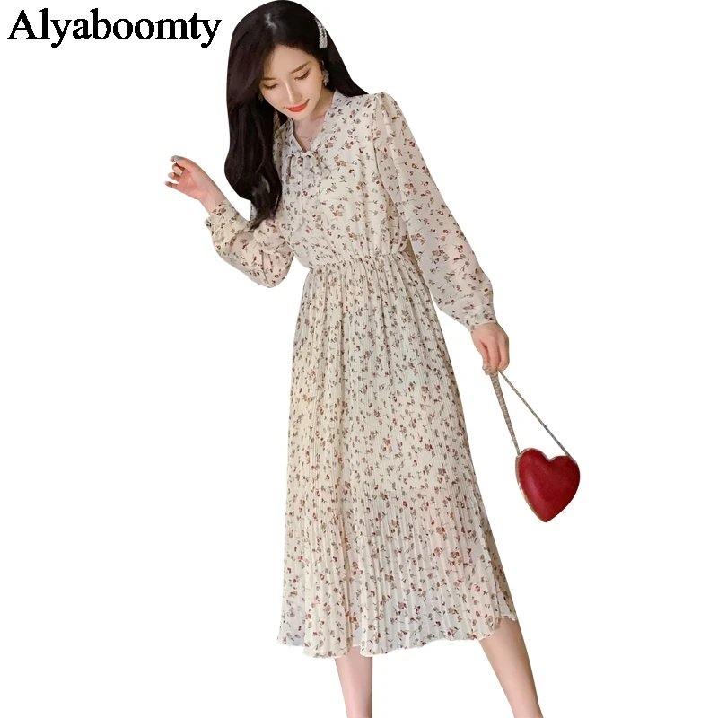 

Mori Girl Autumn Spring Women Sweet Midi Dress Black Apricot Floral Printed Bow Mujer Vestido Elegant Chiffon Chic Pleated Dress