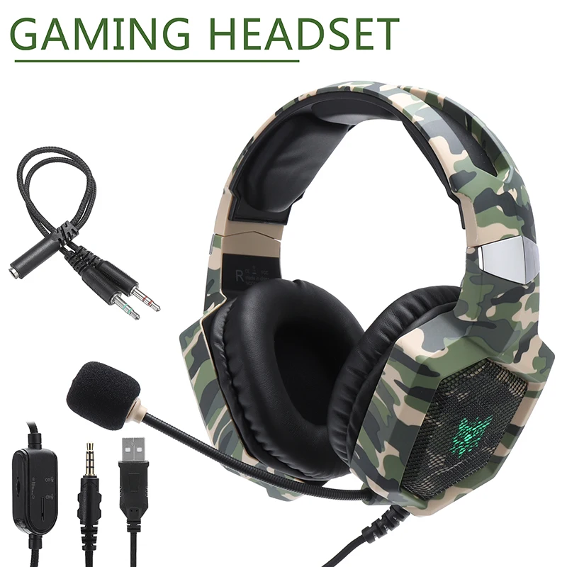 Mayitr 1pc Camouflage Green K8 Stereo Gaming Headset Professional LED Light Gamer Headphone With Foldable Microphone