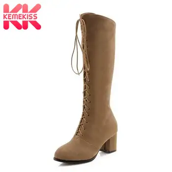 

KemeKiss Women Knee High Boots Cross Strap Square Heel Shoes Women 2020 New Office Lady Winter Warm Fur Long Boots Size 33-43