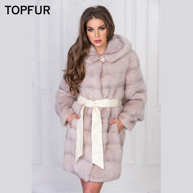 TOPFUR новые модные зимние женские пальто с капюшоном розовое натуральное меховое пальто для женщин натуральный мех норки Верхняя одежда и пальто с поясом