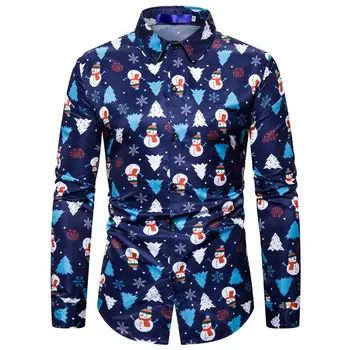 

Social Shirt for Man Casual Blouse Men Long Sleeve Christmas Snowman Print Men's Shirt New Navy blue Red