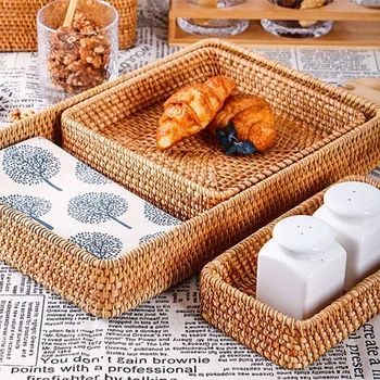 

New Nordic Style Hand-Woven Storage Basket Flower Pot Fruit Rattan Basket Snack Container Food Breakfast Display Rattan Tray