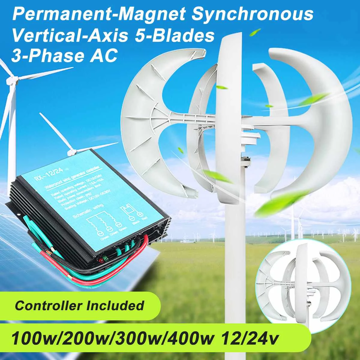 

100w/200w/300w/600W 12 24V Vertical Axis Wind Turbine Generator VAWT Boat Garden with Controller Home Residential Use