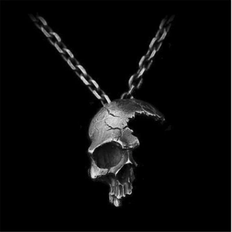 Сломанные поврежденные Половина лица Череп Кулон ожерелье Мужская мода байкер рок панк ювелирные изделия Античный серебряный цвет, длина цепи 45 см - Окраска металла: 1