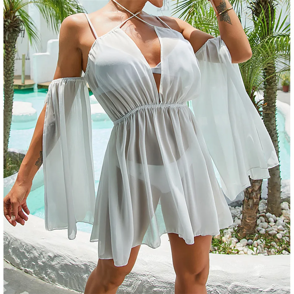 CHYAOWU0130 Chiffon Flying Sleeve Women's Dresses Solid Sexy Halter Neck Ruffled Pleated Loose Beach Cover Up Dress Beach Outing