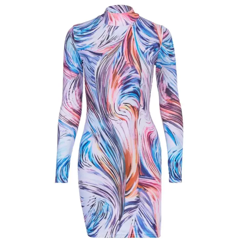 

2020 Spring Abstract Print Bodycon Women Mini Dress Long Sleeve Party Wrap Dress High Quality