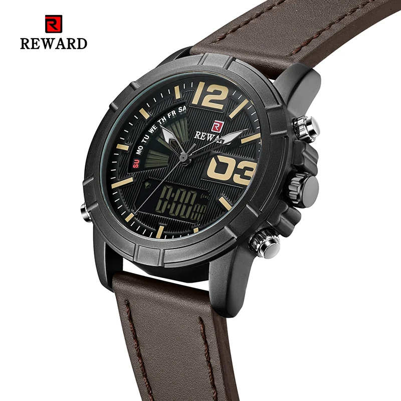

REWARD Men's Quartz Watches Fashion Sport Watch Men Leather Waterproof Date LED Analog Clock Male Relogio Masculino Dropship