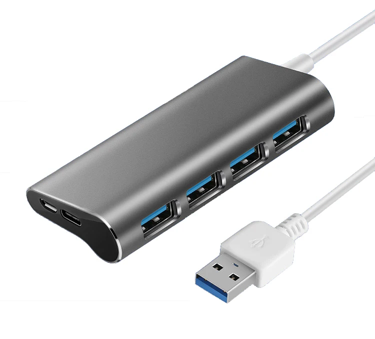 Алюминий сплава 4-портовый USB 3,0 концентратор 5 Гбит/с на очень высоком Скорость usb-концентратор Тип-C Micro Зарядка через USB разветвитель для настольного компьютера ноутбука - Цвет: Gray