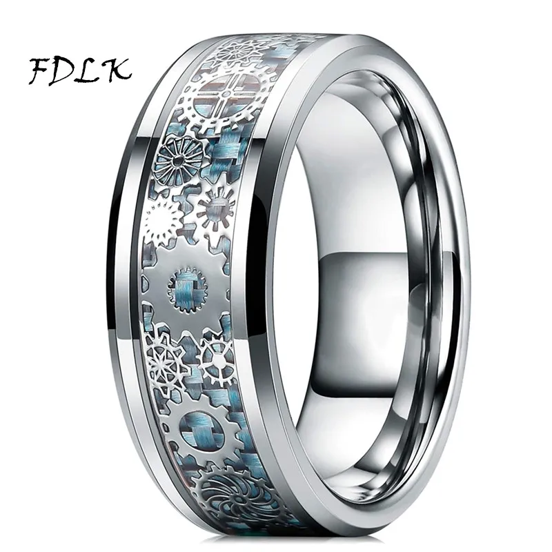 Mens Steampunk Gear Wheel Stainless Steel Ring Dragon Inlay Light Blue Carbon Fiber Ring Gothic Mens Wedding Band Size 6-13