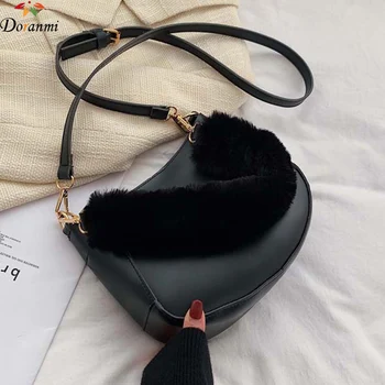 

DORANMI Fur Handle Handbags For Women 2020 Circular Shoulder Bag Female Autumn Round Bags Solid Messenger Bolsos Mujer Flap B648