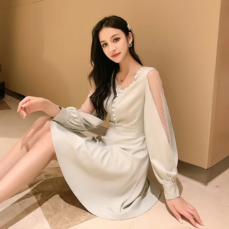 Najtaniej 2019 na co dzień kobiety nowy V z długim rękawem z długim rękawem przędzy netto francuski rysunek sukienka modna sukienka