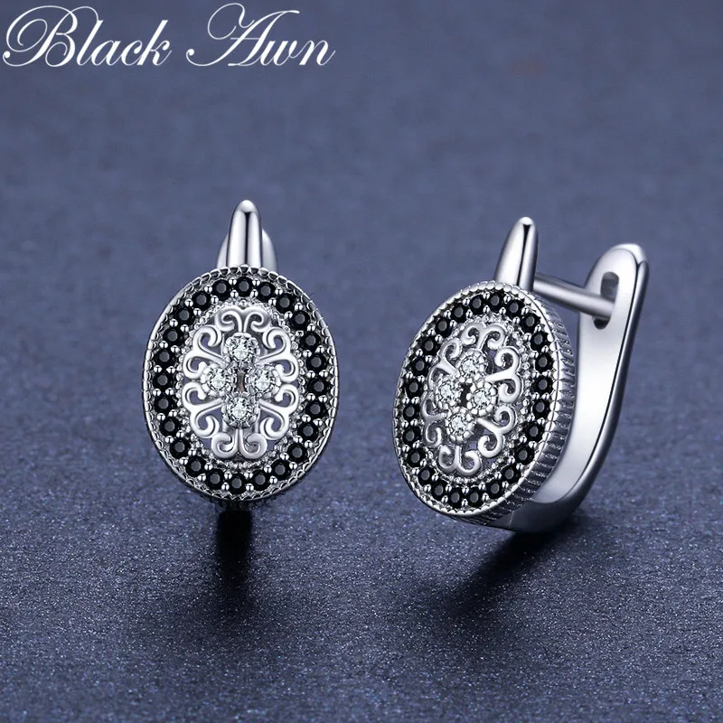 Black Awn Classic Silver Color Oval Black Trendy Spinel Engagement Hoop Earrings Women Jewelry Bijoux I149 Hoop Earrings Silver Earrings Silver Hoop Earrings Womens Earrings