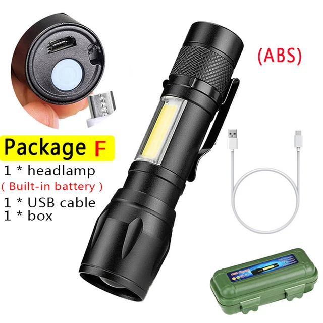Built In Battery Q5 Portable Mini Led Flashlight Zoom Torch COB Lamp 2000 Lumens Adjustable Penlight Waterproof for Outdoor package F