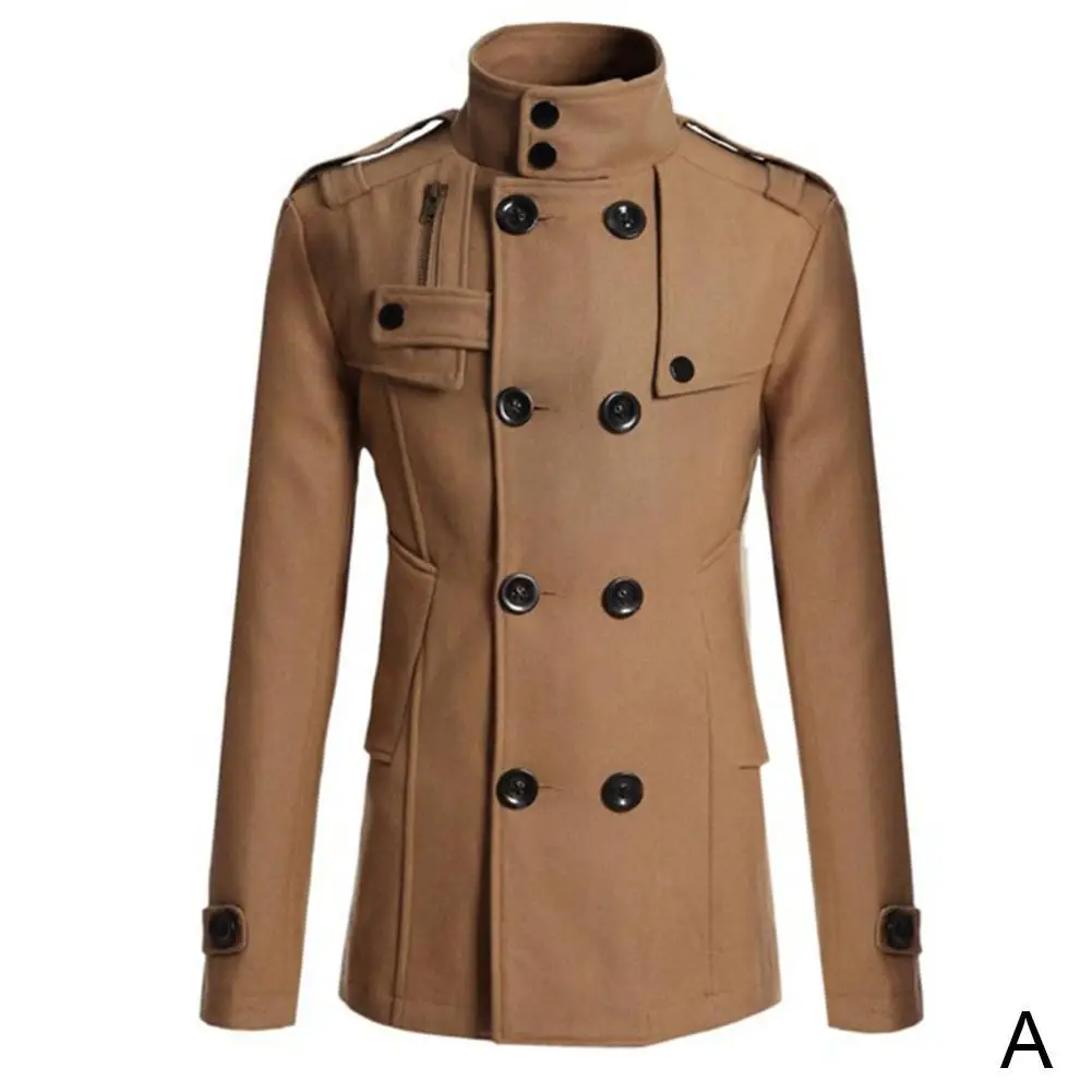 Зимний теплый Тренч, шерстяное мужское пальто, приталенная повседневная куртка, одноцветная, стоячий воротник, двубортный, бушлат, парка, дропшиппинг - Цвет: A