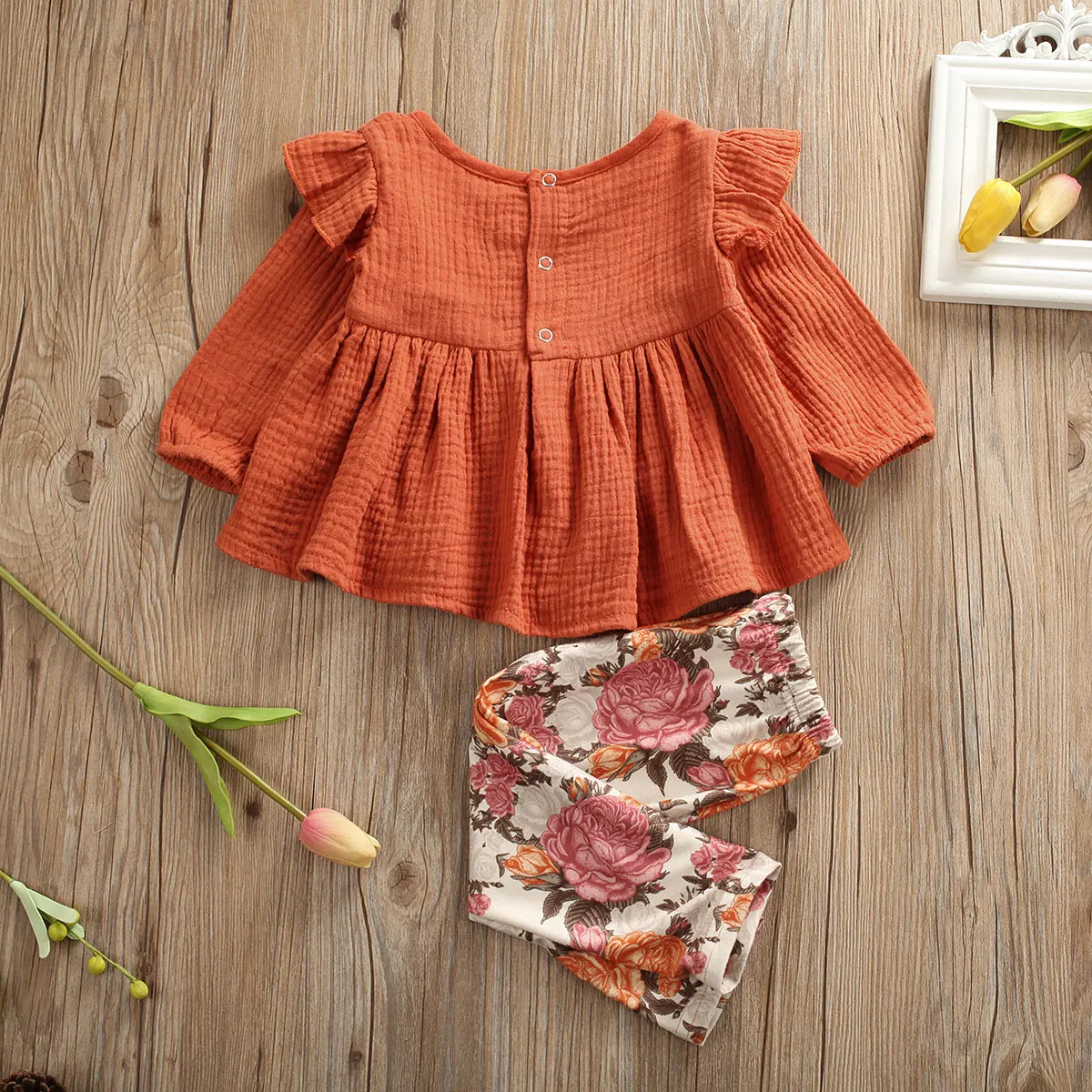 2pcs Newborn Baby Girl Clothes Sets Ruffles Long Sleeve T Shirt Top Flowers Print Pants Leggings Outfits Clothes