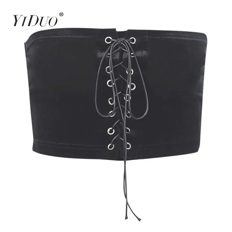 YiDuo Lace Up Strapless Sexy Black Crop Top Bandage Tube Top Streetwear Women Velvet Top Fashion Tank Top Mujer Club