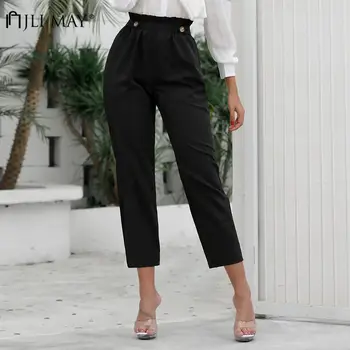 

JLI MAY Solid Elastic Waist Black Women Pants Casual Office Straight Korean Autumn Summer Pockets Button