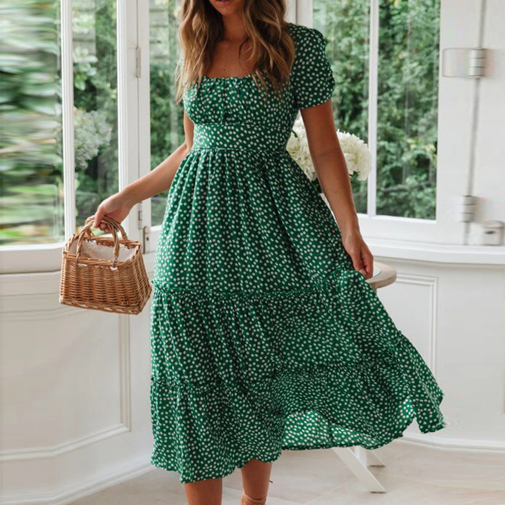 2020 Women Summer Dress Women Casual Bohemian Short Sleeve Square Neck Wrap Boho Maxi Dress Female Vestidos Plus Size Robe
