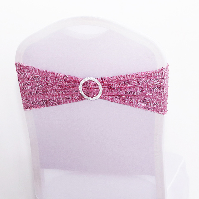 Quality Shiny Sequin Rose Gold Stretch Bands With Round Buckle For Wedding Events Party Decoration Spandex Chair Sashes