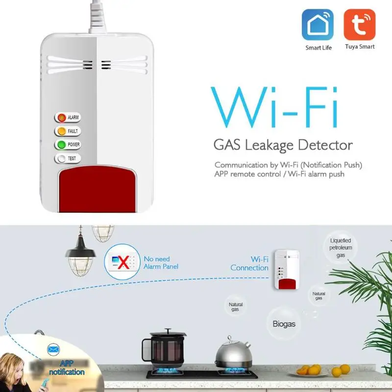 Wi-Fi, датчик газа, сигнализация, природный CH4, детектор утечки горючих газов, умный, домашний, кухонный, безопасность, приложение, контроль, Tuya сенсор