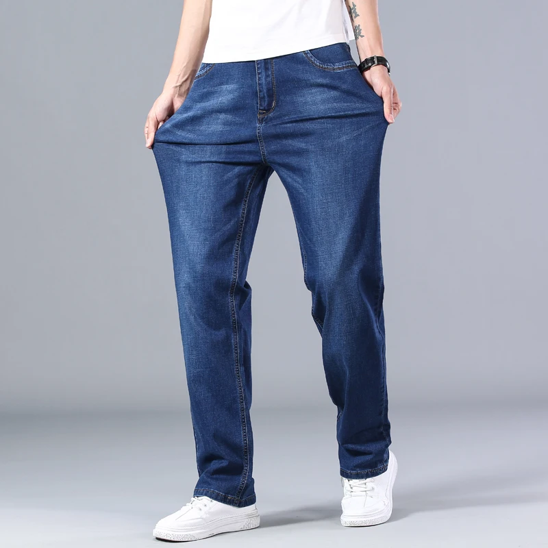 New Classic Stretch loose straight denim trousers male brand pants plus size 40 42 44 men's thin blue jeans advanced,denim pants,denim trousers