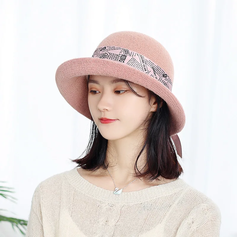 

New style autumn winter female soft wool warm knitted dome ribbon bowknot roll brim sunblock outing fashion lady bucket hat