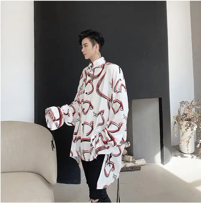 M-XL! Осенняя индивидуальная Печать Шнурок дизайн для мужчин и женщин модели свободные ленивые с длинным рукавом рубашки прилива Мужская рубашка в стиле хип-хоп - Цвет: Белый