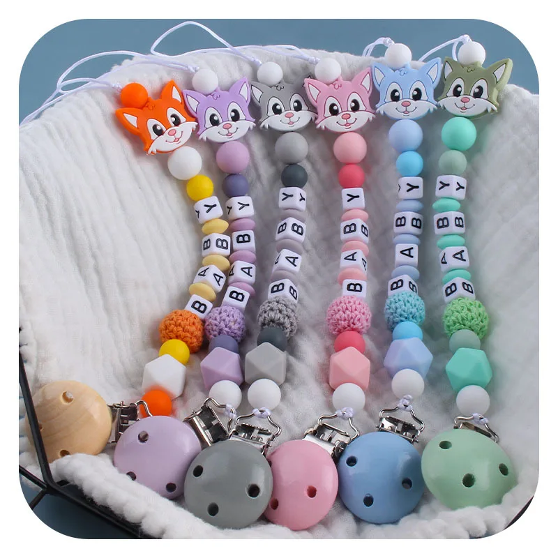 Kissteether Personalized Name Handmade Pacifier Clips Holder Chain Silicone Pacifier Chains Set Civet Cat Baby Teether Chain