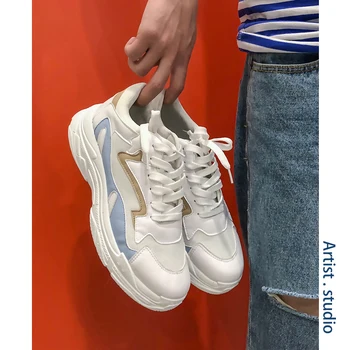 

Men's sports shoes ins recommended summer color matching pu+mesh breathable tie running shoes thick bottom dad shoes MM-81