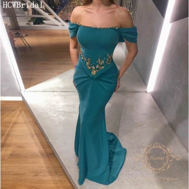 Turquoise Mermaid Evening Formal Dress Golden Crystals Off The Shoulder Long Prom Gowns Women Wedding Party Abendkleider | Свадьбы и