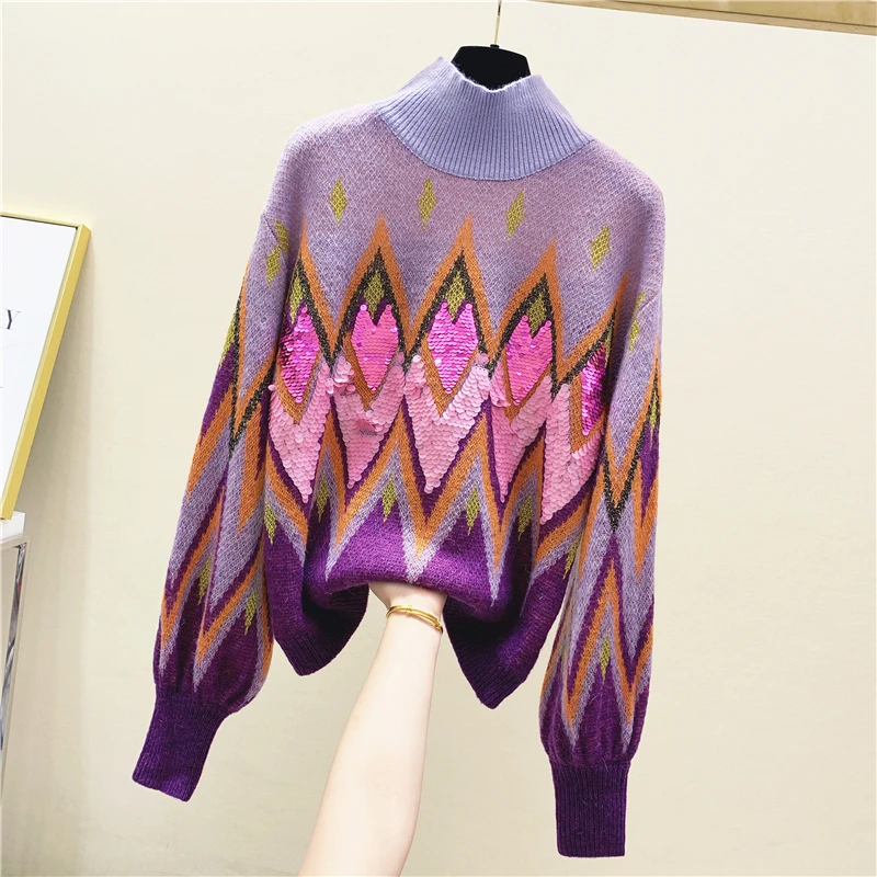 

2020 New Spring Winter Super Flash Sequins Diamond Pattern Jacquard Color Panel Sweater Turtle-Neck Lantern-Sleeve Sweater Knit