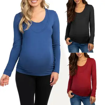 

Solid Women Breastfeeding T-Shirt Ladies Long Sleeve O-Neck Maternity Pregnant Clothes Women Slim Patchwork Pullover Tops