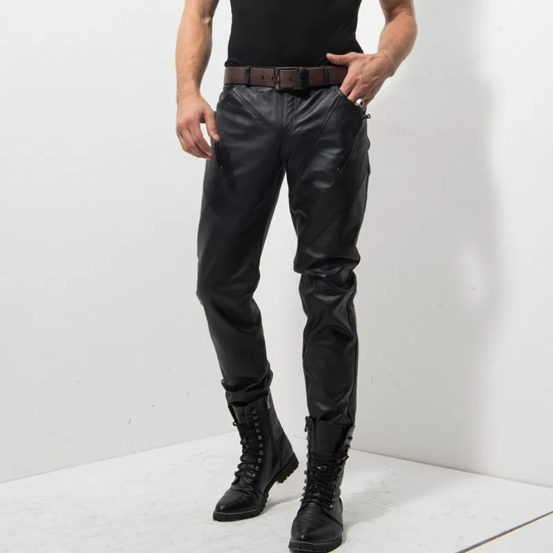 Italiaanse Merk Mannen Echt Leer Rock Show Skinny Broek Motor Biker Pantalon Homme Rits Mode Nieuwe Slanke Mannelijke Broek