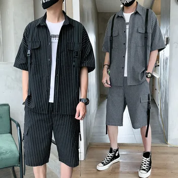 

Men's Striped Shirt Short-sleeved Suit 2020 Summer New Men's Korean Five-point Casual Pants Youth Suit