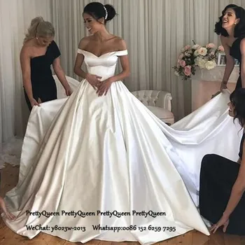 

White Satin Long Chapel Train Wedding Dress Vestido De Noiva Curto Off Shoulder A Line Turkey Bridal Dresses For Women