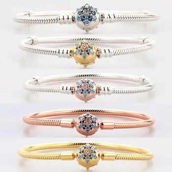 

2020 New 925 Sterling Silver Sparkling Snowflake With Crystal Button Pan Bracelet Fit European Charm Bracelets Women Jewelry