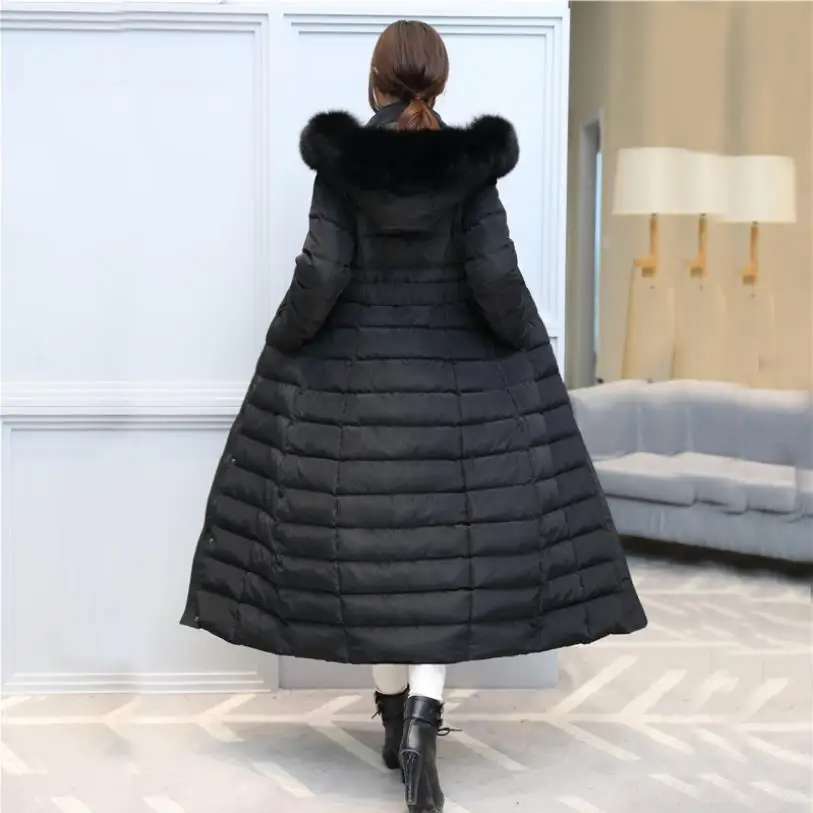 S- 3XL plus size Winter over the knee X-long 95% Duck down coat female thick warm Down Jacket real fox fur Parkas fit-30c F449