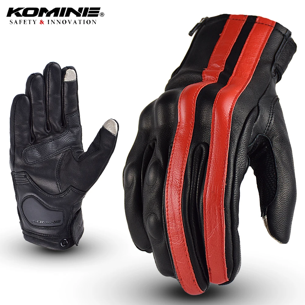 KOMINE Men Motorcycle Gloves Leather Stripe Breathable Biker Gloves