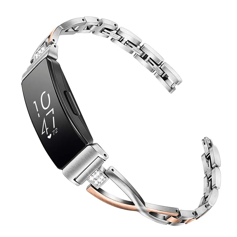 Ремешок с бриллиантами из нержавеющей стали и горного хрусталя для Fitbit Inspire/Inspire HR Smart Watch Band Quick Release Strap Bracelet - Цвет ремешка: Silver Rose Gold