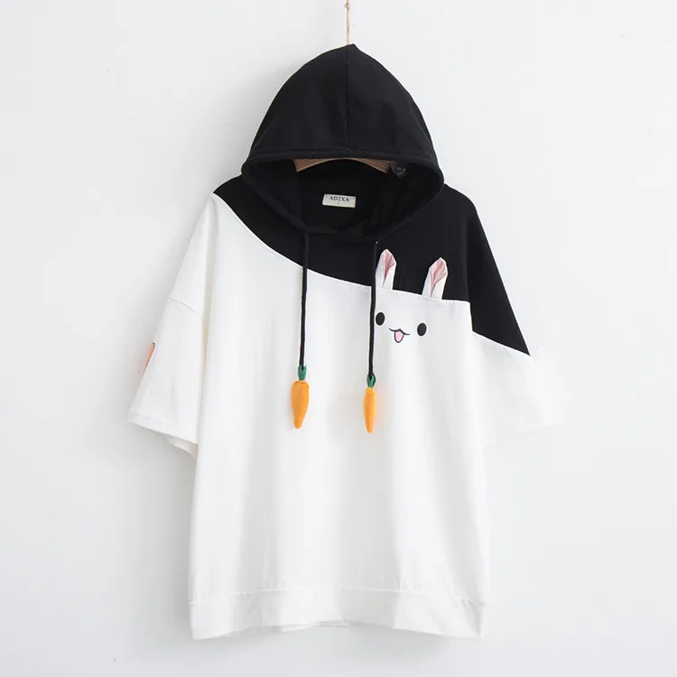 Merry Pretty женская футболка с капюшоном Kawaii Кролик длинный рукав Лоскутная футболка хлопок морковка шнурок кролик Графический Топ для девочек
