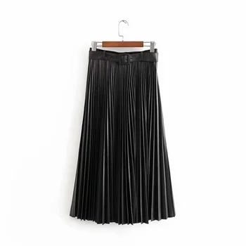 

Za women's new autumn 2020 high waist pleated MIDI skirt with detachable belt imitation leather pleated half length skirt