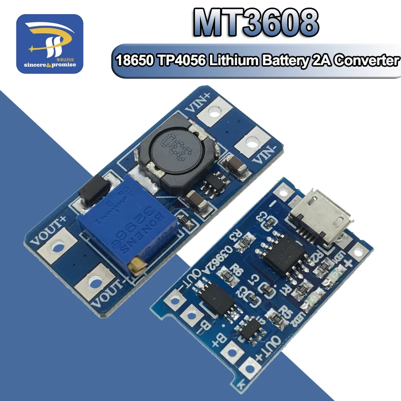 Micro Usb 5V 1A 18650 Tp4056 Batteria Al Litio Modulo Caricabatterie Scheda Di Ricarica Con Protezione + Mt3608 2A Dc-Dc Step Up Converter