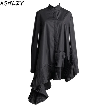 

New Spring 2020 Autumn Stand Collar Long Sleeve White Loose Irregular Hem Pleated Loose Shirt Women Blouse Fashion