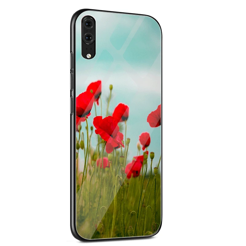 Стеклянный Чехол для мобильного телефона huawei P30 P20 P Smart P10 Y6 7A Y9 Honor 8X9 10 mate 20 Pro Lite с красными маками на черном стиле
