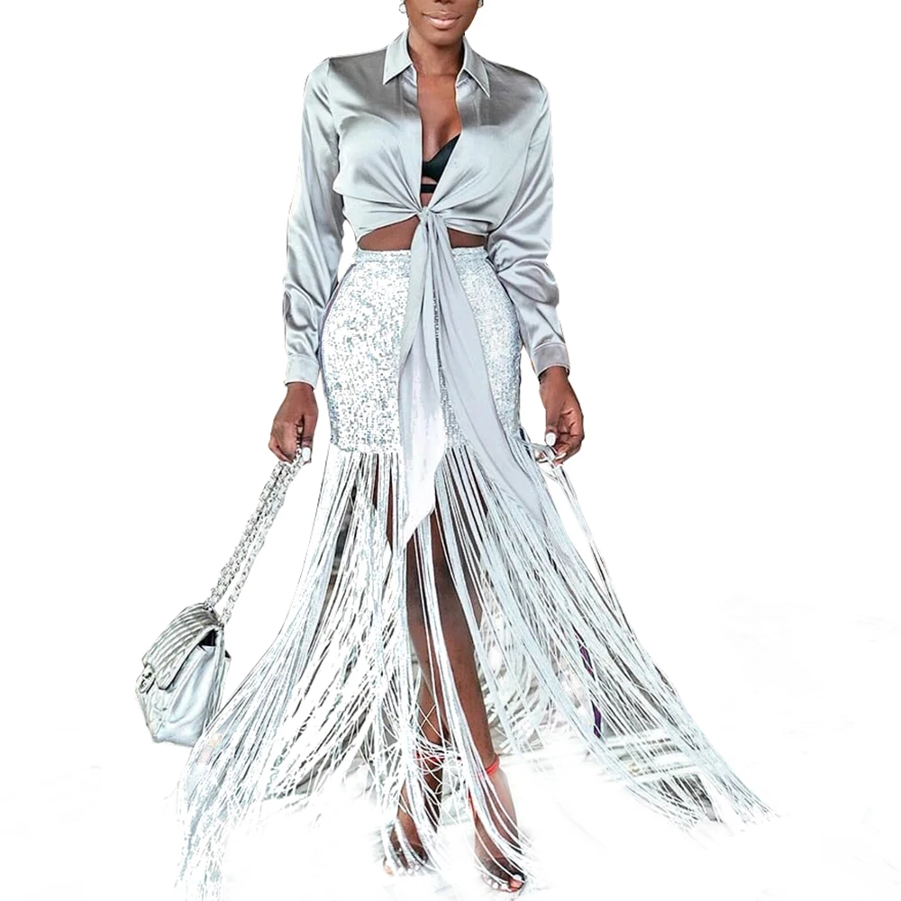 New Women Skirt Fashion Sexy Hip Scarf Floral Latin Dance Wrap Belt Fringes Skirts High Waist Sequin Slim Femme Pencil Skirts N4