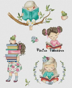 

A little girl who loves reading Counted Cross Stitch Kit Cross stitch RS cotton with cross stitch nine coffee cup