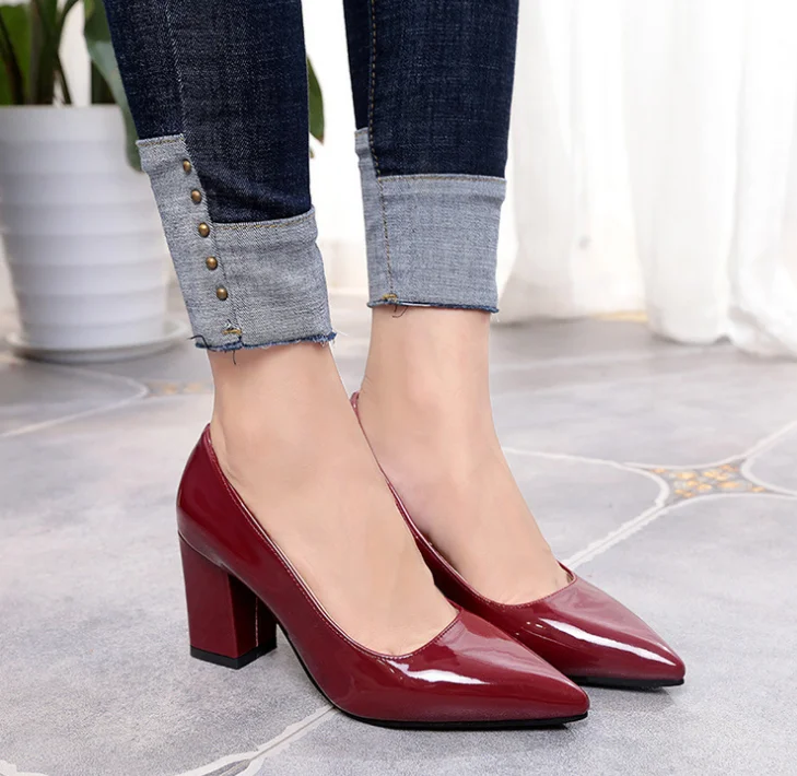 

2019 New Women Pumps Black High heels 7.5cm Lady Patent leather Thick with Autumn Pointed Single Shoes Female Sandals Big 36-43