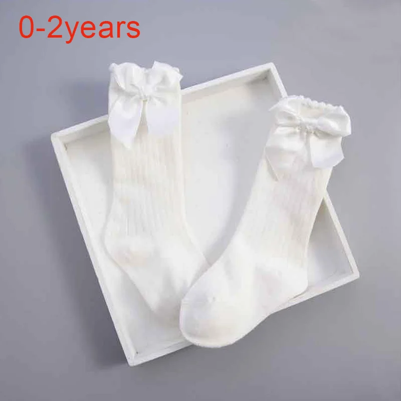 white M От 0 до 4 лет-осенние хлопковые носки для малышей однотонные теплые гольфы с бантом для маленьких девочек, милые длинные Детские ботиночки в Вертикальную Полоску - Цвет: white M
